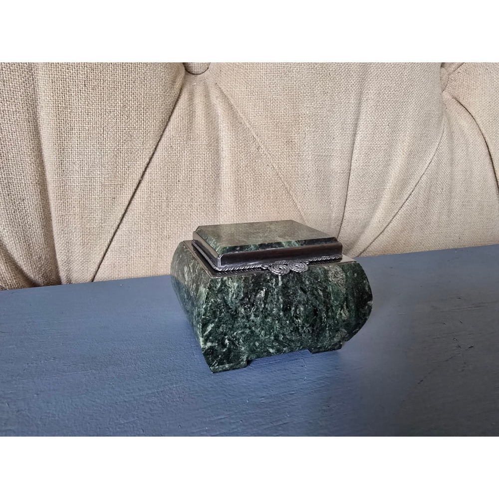 Vintage Green Serpentine Stone Jewelry Box – Marble Trinket Casket w/ Metal Lid - Picture 2 of 5